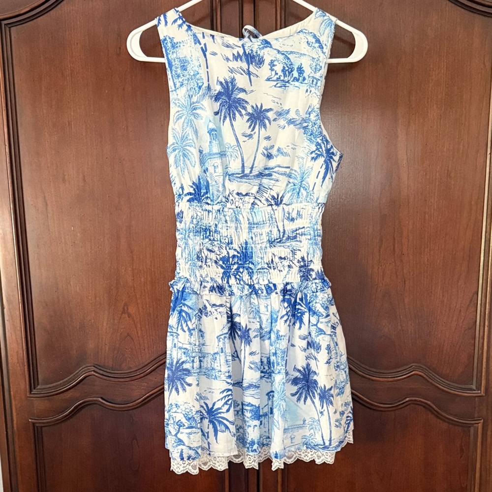 Sky to Moon Blue Toile Print Mini Dress Small Coastal Smocked Waist Summer Dress